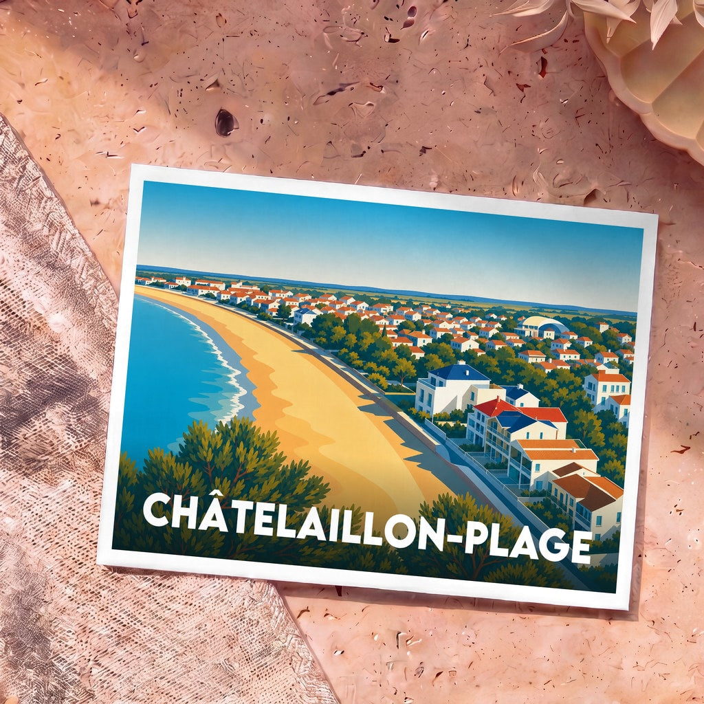 Carte postale souvenir de la ville de Châtelaillon-Plage illustrant une vue aérienne stylisée de sa plage et de ses villas de bord de mer.