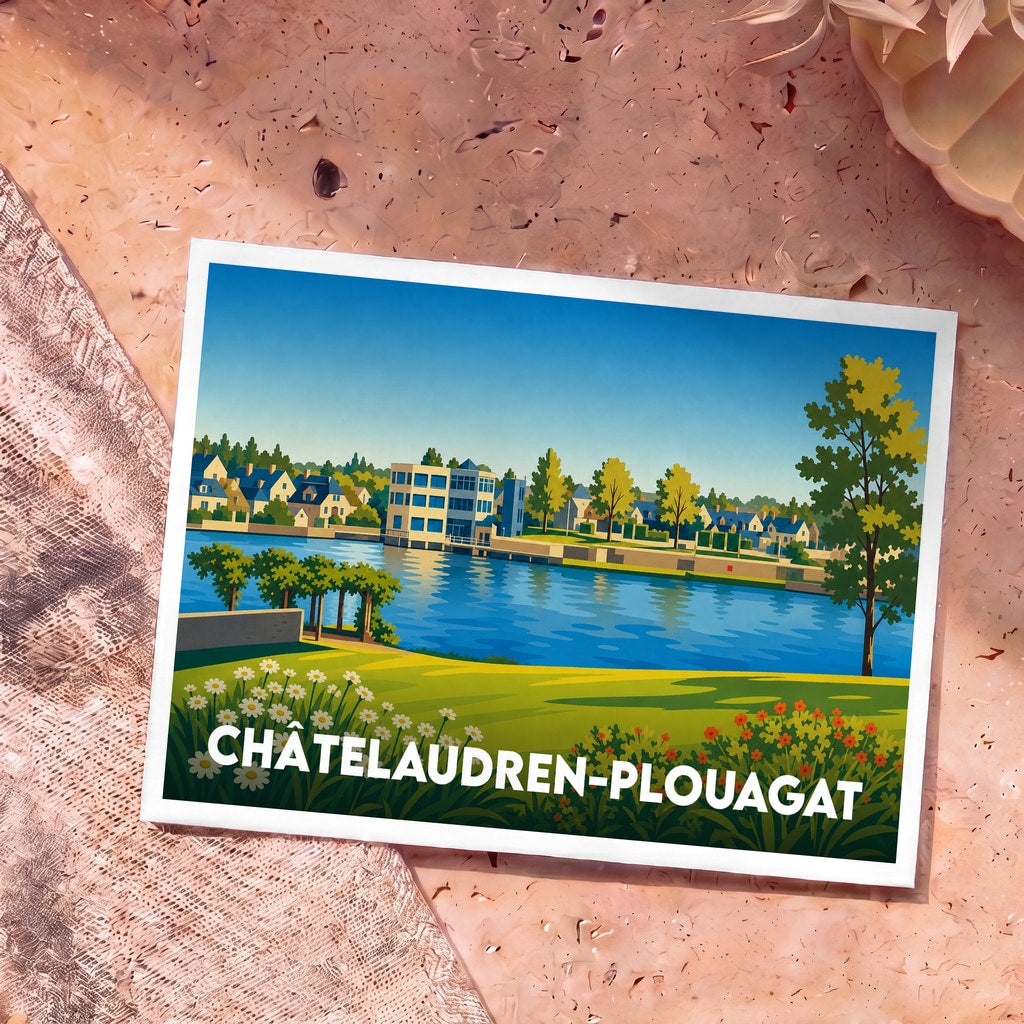 Carte postale souvenir de Châtelaudren-Plouagat illustrée d'un paysage fluvial coloré et stylisé.