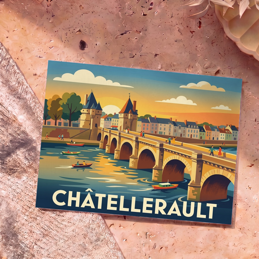 Carte postale souvenir de la ville de Châtellerault illustrant son célèbre pont Henri-IV dans un style graphique rétro.