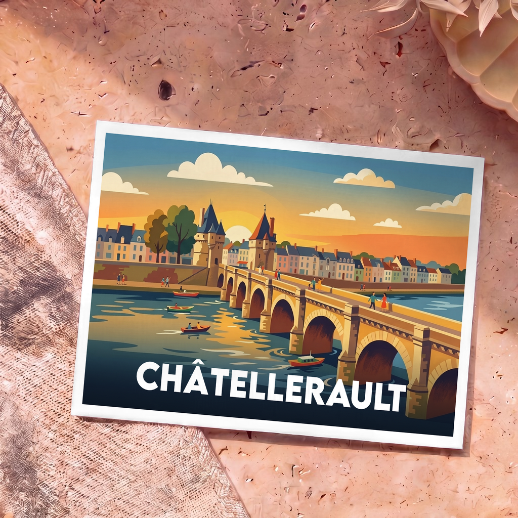Carte postale souvenir de la ville de Châtellerault illustrant son célèbre pont Henri-IV dans un style graphique rétro.