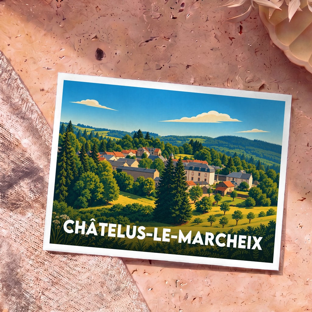 Carte postale souvenir de Châtelus-le-Marcheix arborant une illustration paysagère stylisée et colorée du village.