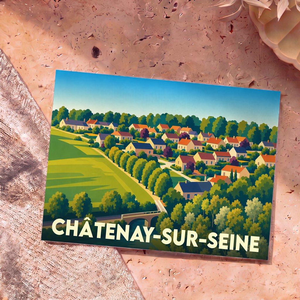 Carte postale souvenir de la ville de Châtenay-sur-Seine avec une illustration stylisée et colorée de ses paysages.