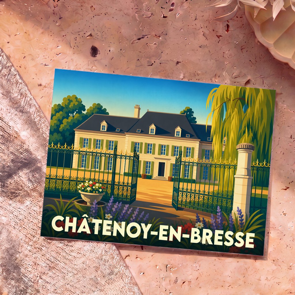 Carte postale souvenir de la ville de Châtenoy-en-Bresse avec une illustration stylisée d'un château derrière une grille.