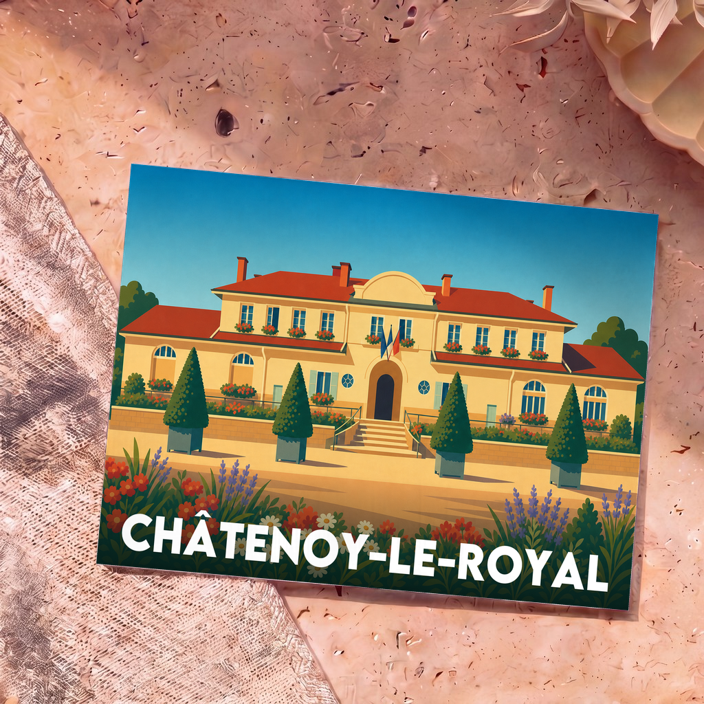 Carte postale souvenir de la ville de Châtenoy-le-Royal avec une illustration colorée de l'hôtel de ville.