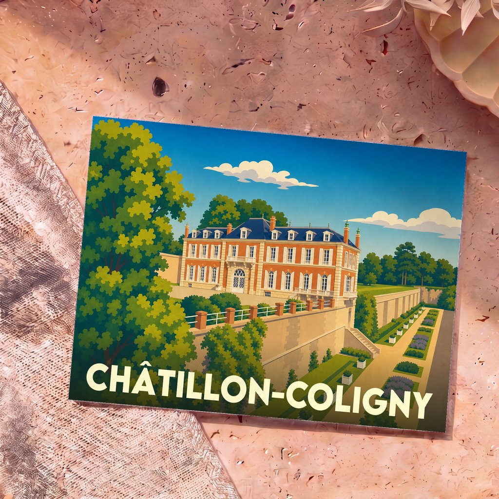 Carte postale souvenir de Châtillon-Coligny illustrant son château et ses jardins dans un style rétro.