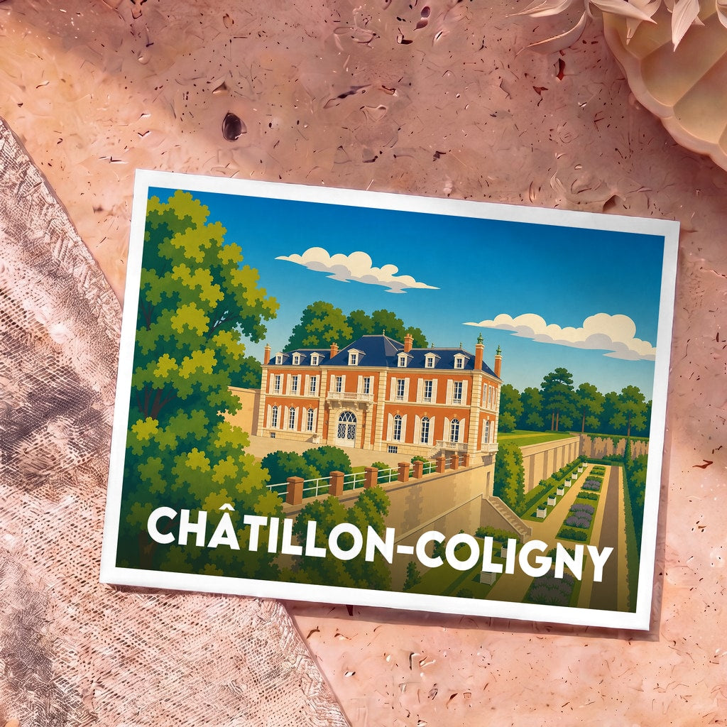 Carte postale souvenir de Châtillon-Coligny illustrant son château et ses jardins dans un style rétro.