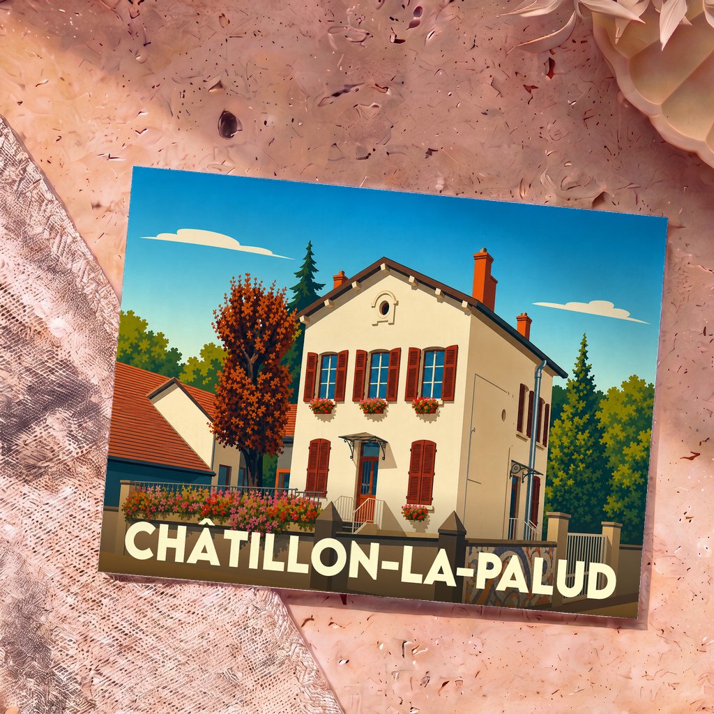 Carte postale souvenir de la ville de Châtillon-la-Palud avec une illustration stylisée d'une maison traditionnelle.