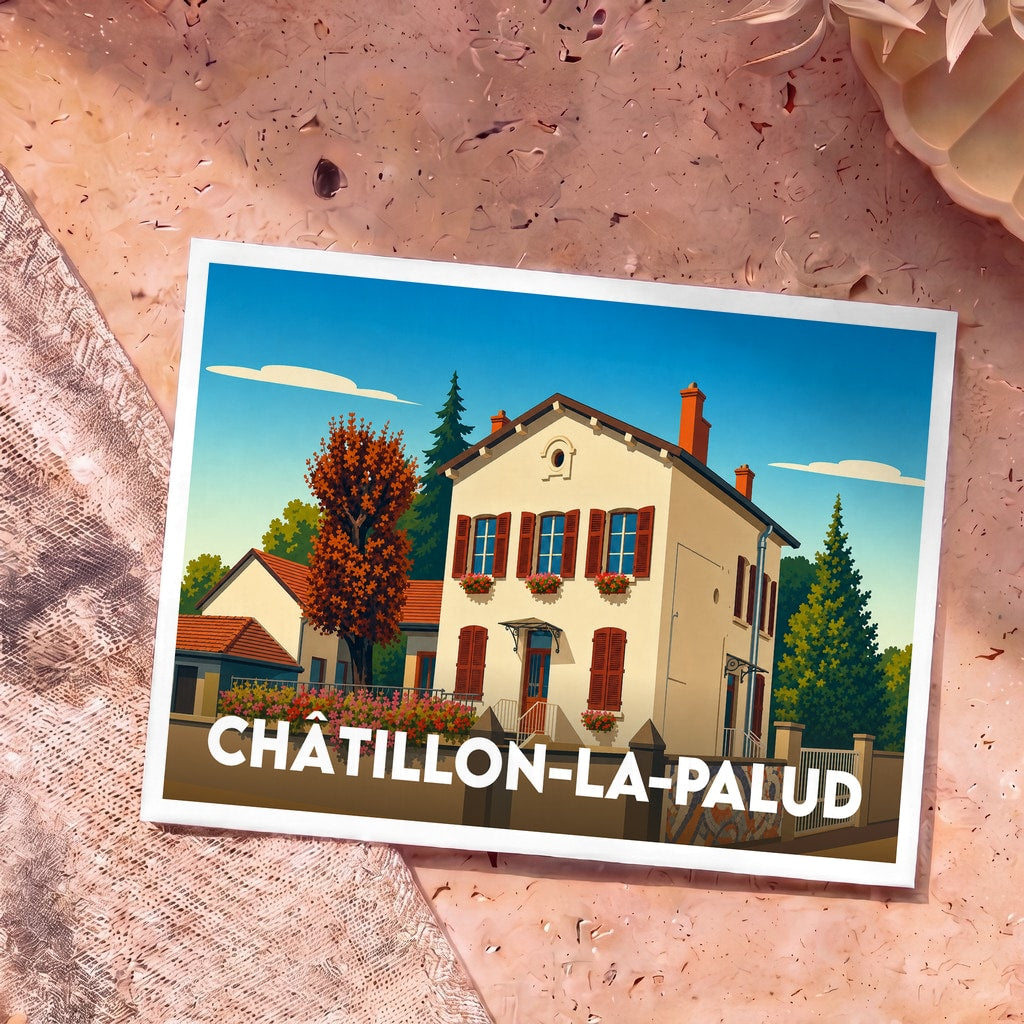 Carte postale souvenir de la ville de Châtillon-la-Palud avec une illustration stylisée d'une maison traditionnelle.