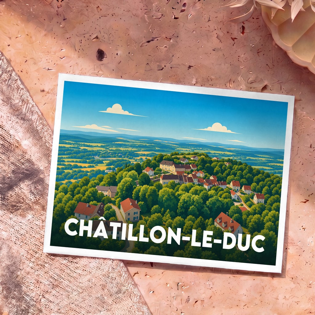 Carte postale souvenir de Châtillon-le-Duc présentant une vue panoramique illustrée du village et de sa campagne verdoyante.