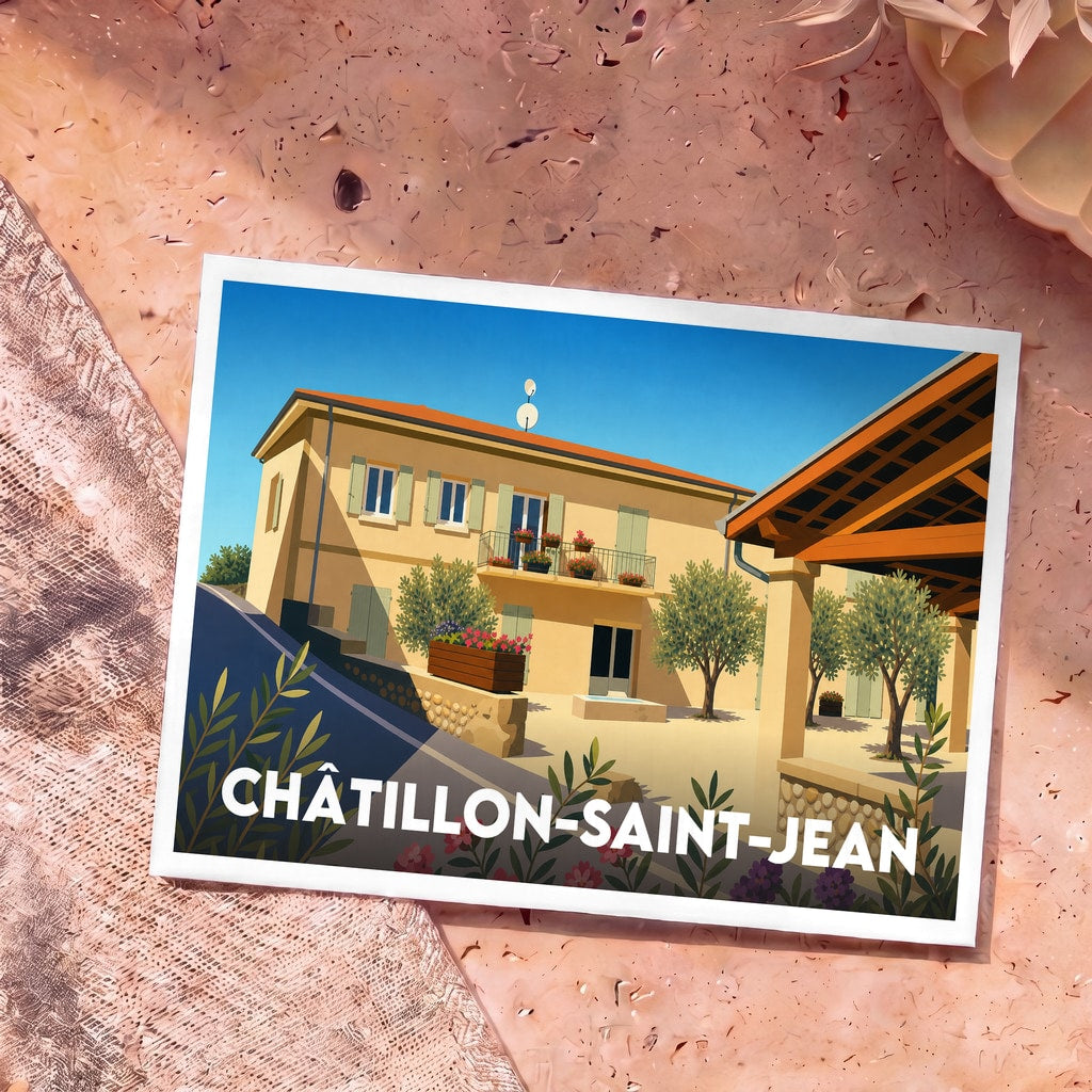 Carte postale souvenir de Châtillon-Saint-Jean présentant une illustration stylisée d'une maison de village provençale.