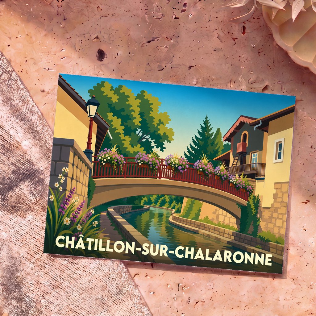 Carte postale souvenir de la ville de Châtillon-sur-Chalaronne illustrant un pont fleuri au-dessus d'une rivière calme.