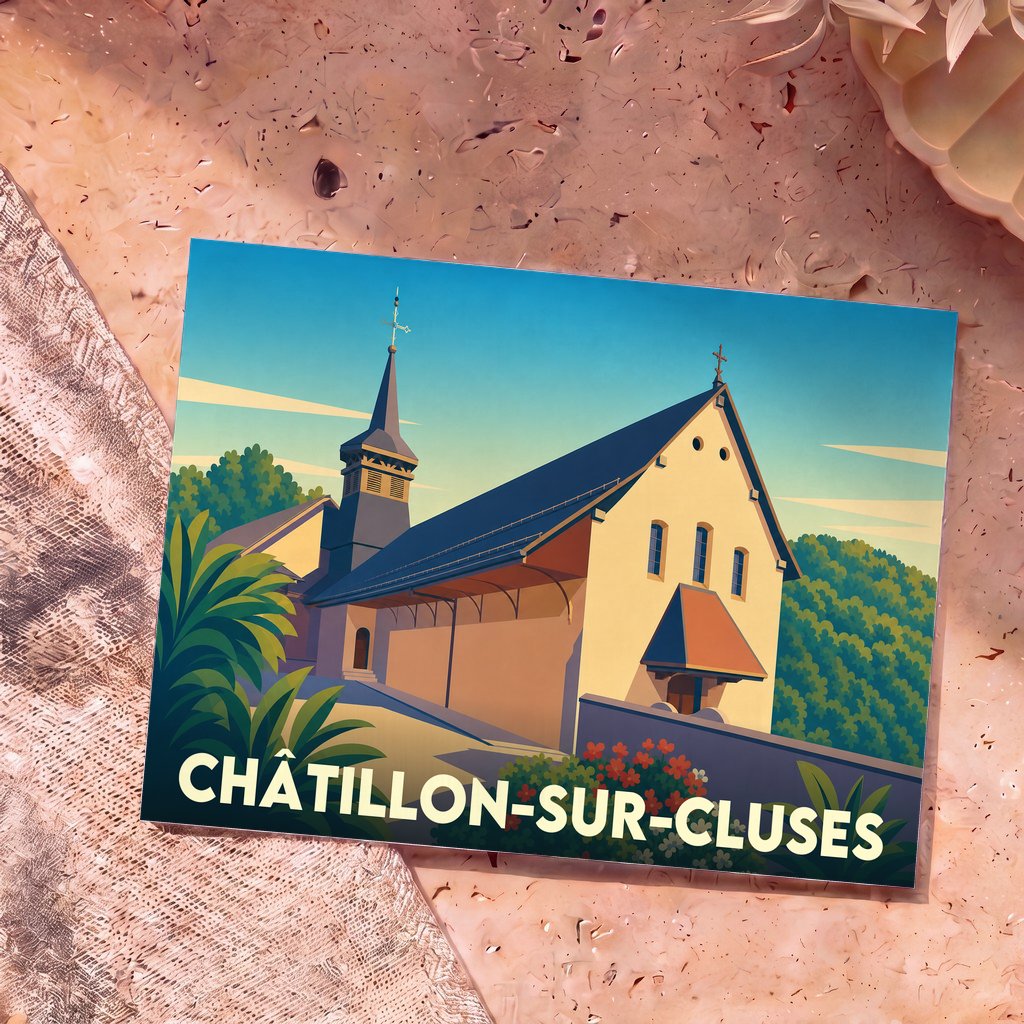 Carte postale souvenir de Châtillon-sur-Cluses avec une illustration stylisée de son église.