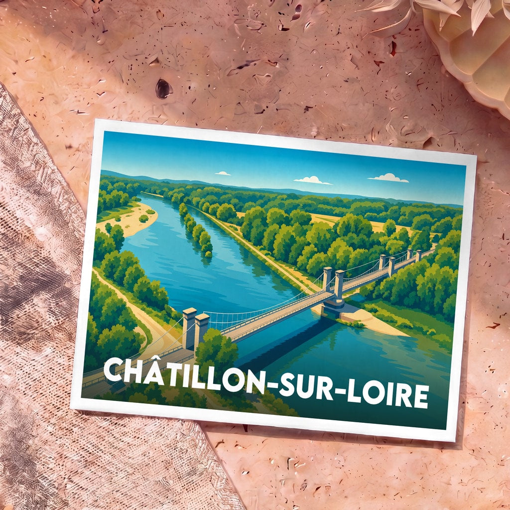 Carte postale souvenir de la ville de Châtillon-sur-Loire avec une illustration stylisée de son pont suspendu enjambant la Loire.