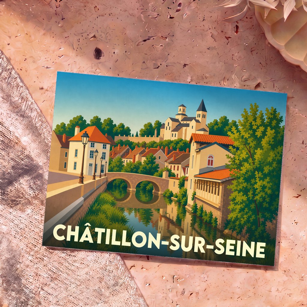 Carte postale souvenir de la ville de Châtillon-sur-Seine avec une illustration stylisée d'un pont et d'une église surplombant la rivière.