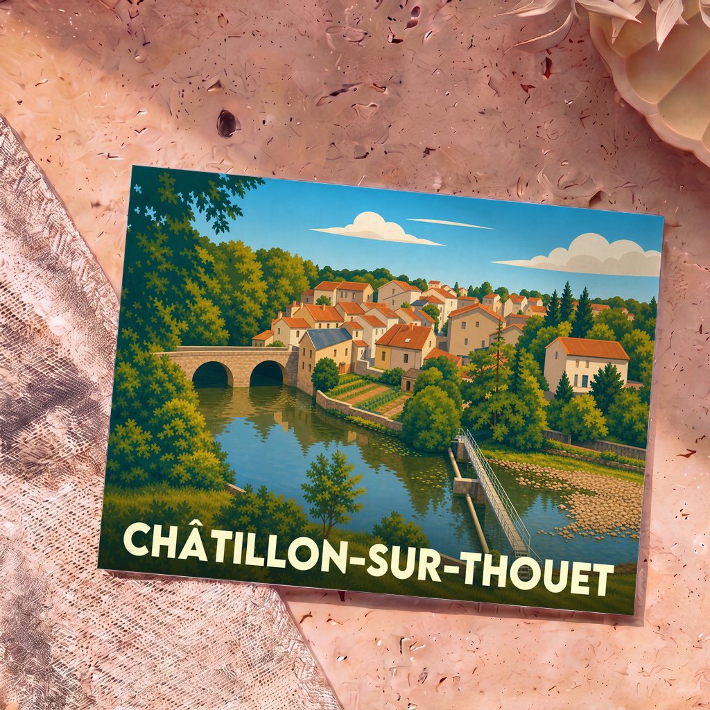 Carte postale souvenir de Châtillon-sur-Thouet illustrant un paysage paisible avec son pont en pierre enjambant la rivière.