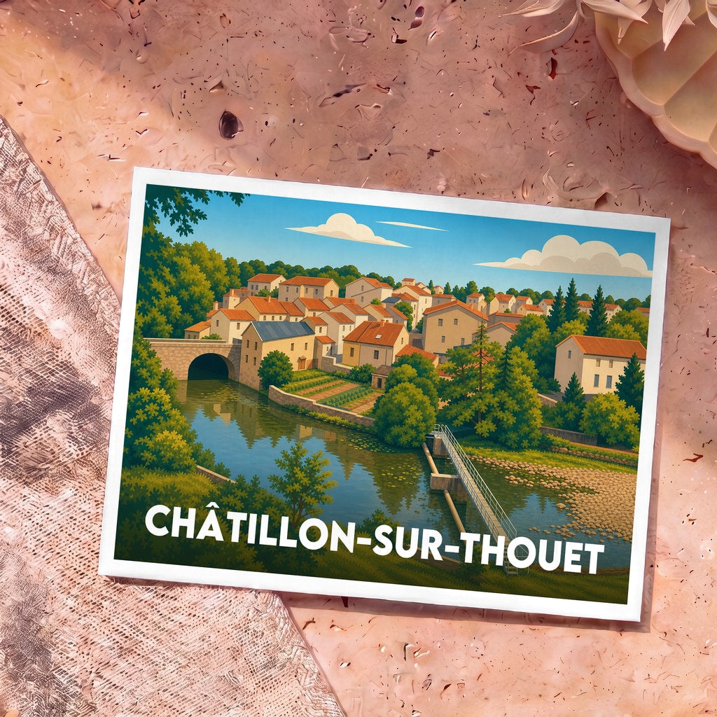 Carte postale souvenir de Châtillon-sur-Thouet illustrant un paysage paisible avec son pont en pierre enjambant la rivière.