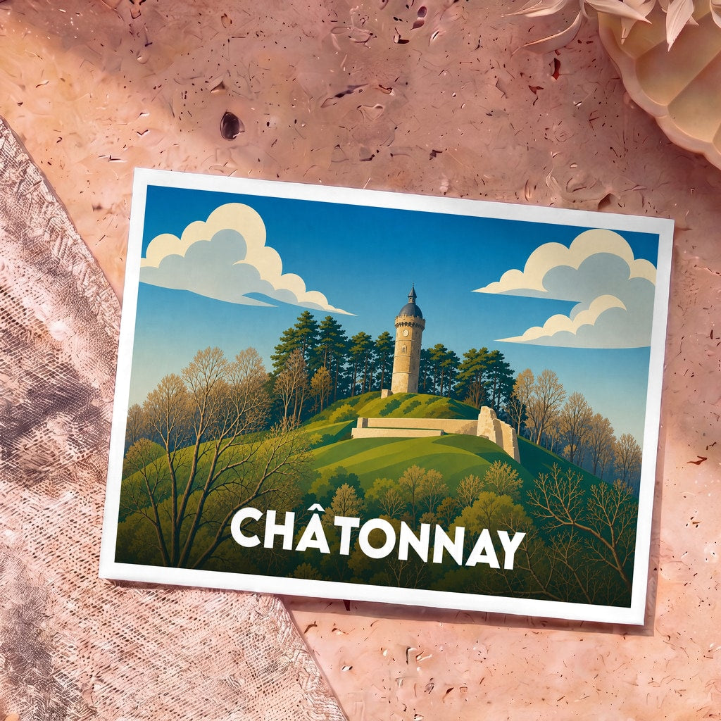 Carte postale souvenir de la ville de Châtonnay arborant une illustration stylisée d'une tour sur une colline arborée.