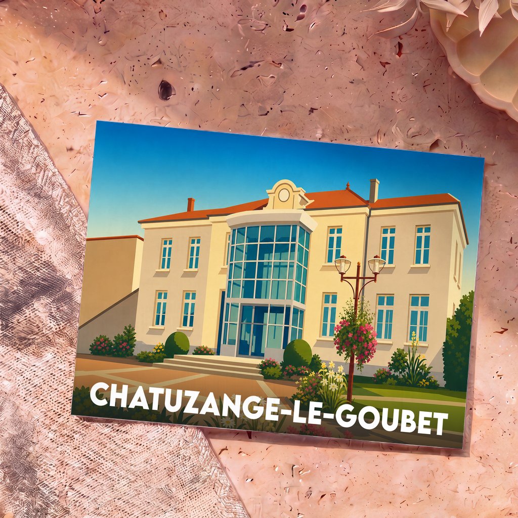 Carte postale souvenir de la ville de Chatuzange-le-Goubet avec une illustration stylisée de sa mairie.