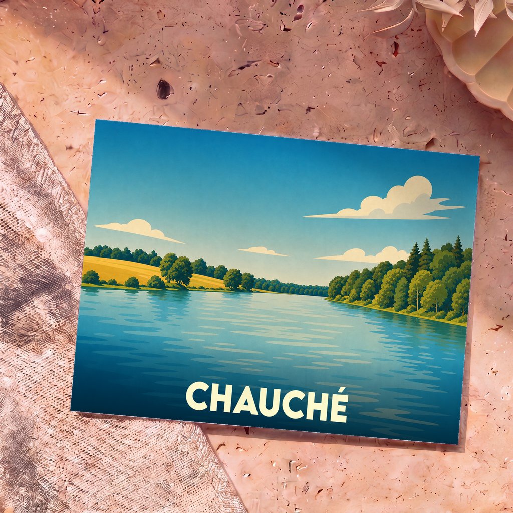 Carte postale souvenir de la ville de Chauché illustrant un paysage de rivière et de forêt dans un style rétro.
