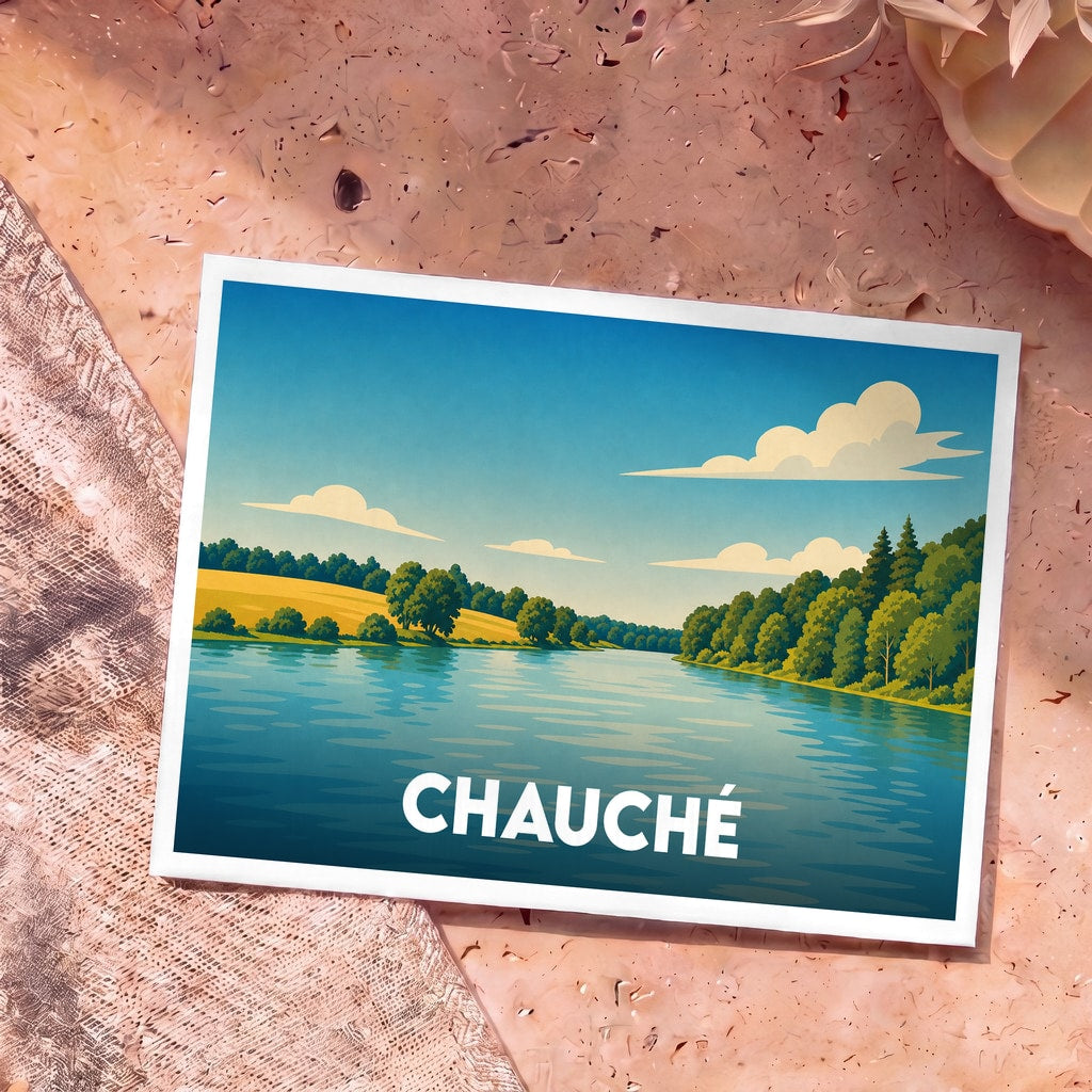 Carte postale souvenir de la ville de Chauché illustrant un paysage de rivière et de forêt dans un style rétro.