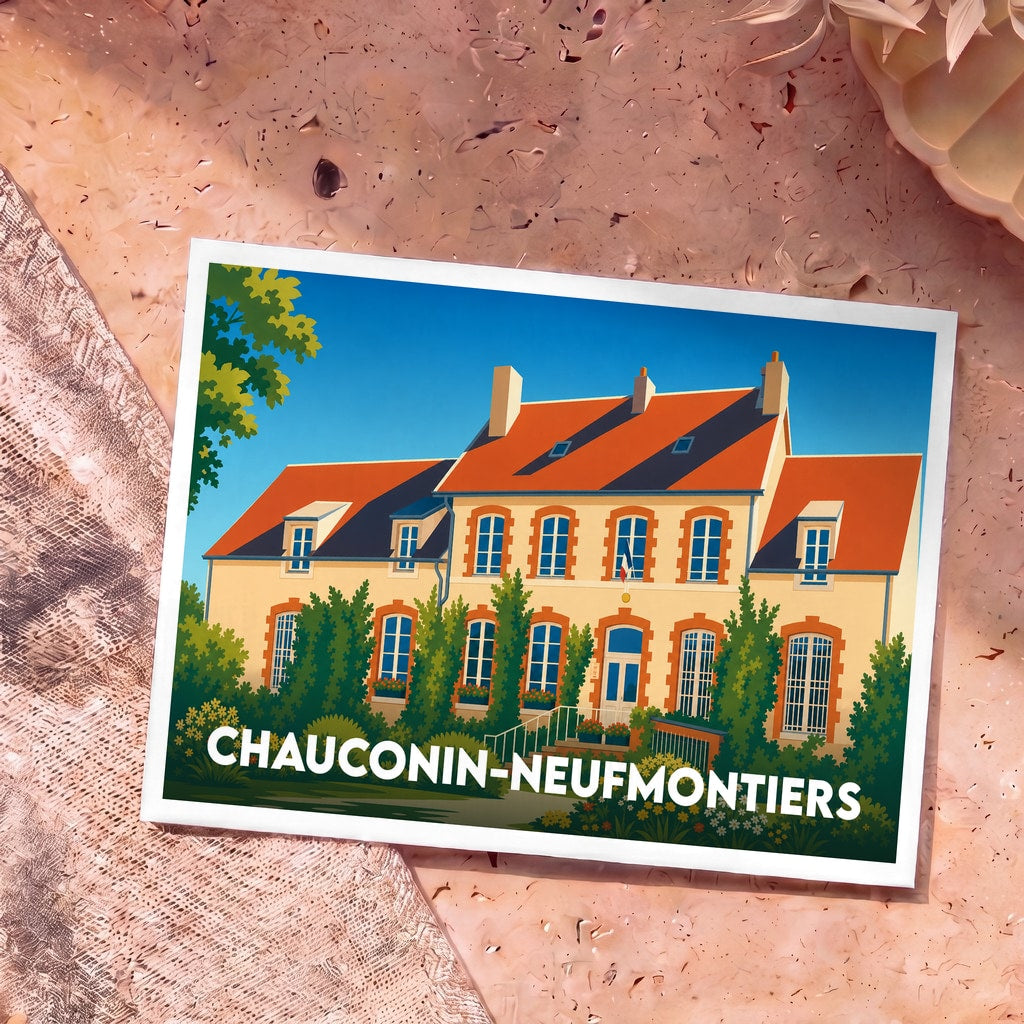Carte postale souvenir de la ville de Chauconin-Neufmontiers avec une illustration stylisée de sa mairie.