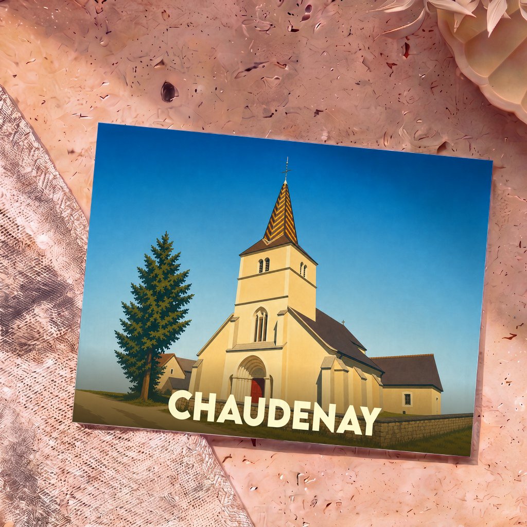 Carte postale souvenir de la ville de Chaudenay représentant son église à travers une illustration stylisée et colorée.