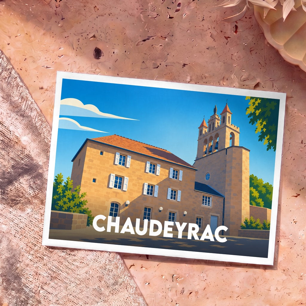 Carte postale souvenir de la ville de Chaudeyrac avec une illustration stylisée de son église.
