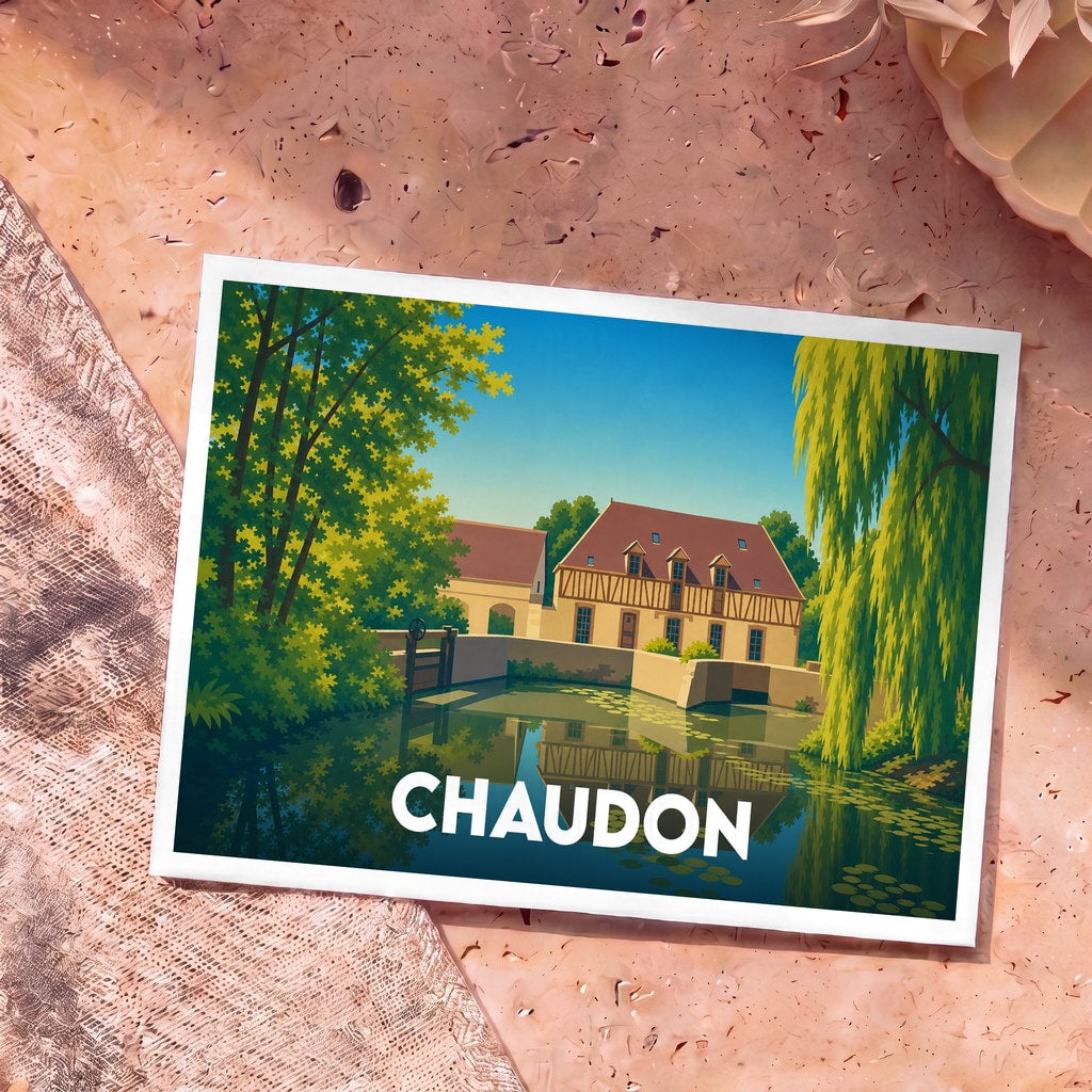 Carte postale souvenir de la ville de Chaudon illustrant un moulin à colombages au bord de l'eau.