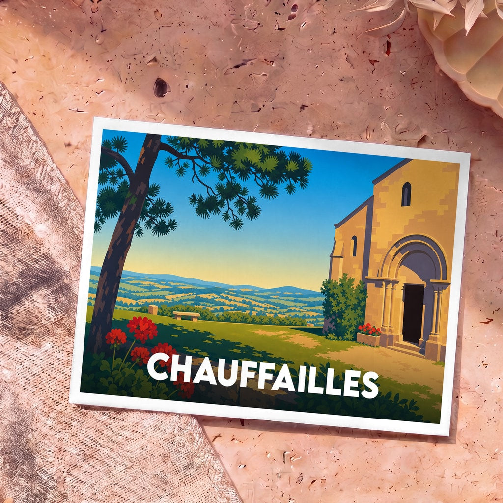 Carte postale souvenir de la ville de Chauffailles avec une illustration stylisée et colorée de son paysage.