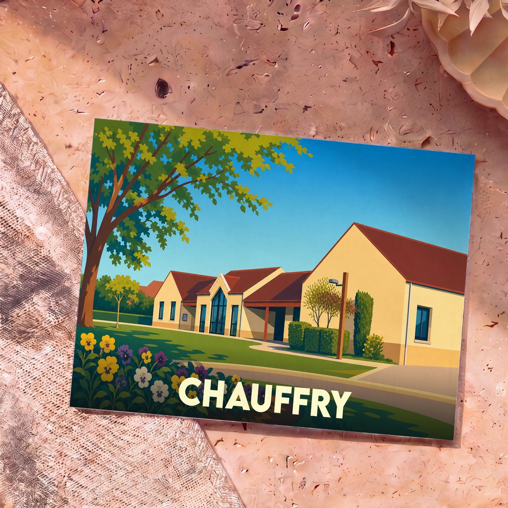 Carte postale souvenir de la ville de Chauffry avec une illustration stylisée de ses bâtiments.