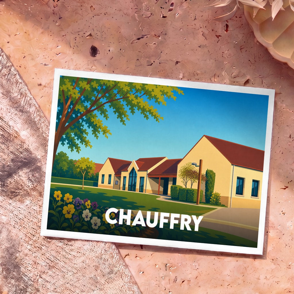 Carte postale souvenir de la ville de Chauffry avec une illustration stylisée de ses bâtiments.