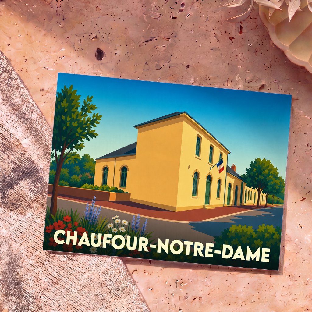 Carte postale souvenir de la ville de Chaufour-Notre-Dame avec une illustration stylisée de la mairie sous un ciel bleu.