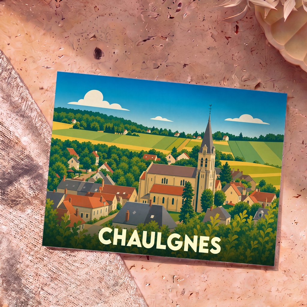 Carte postale souvenir de la ville de Chaulgnes illustrant le village et son église dans un style graphique épuré.