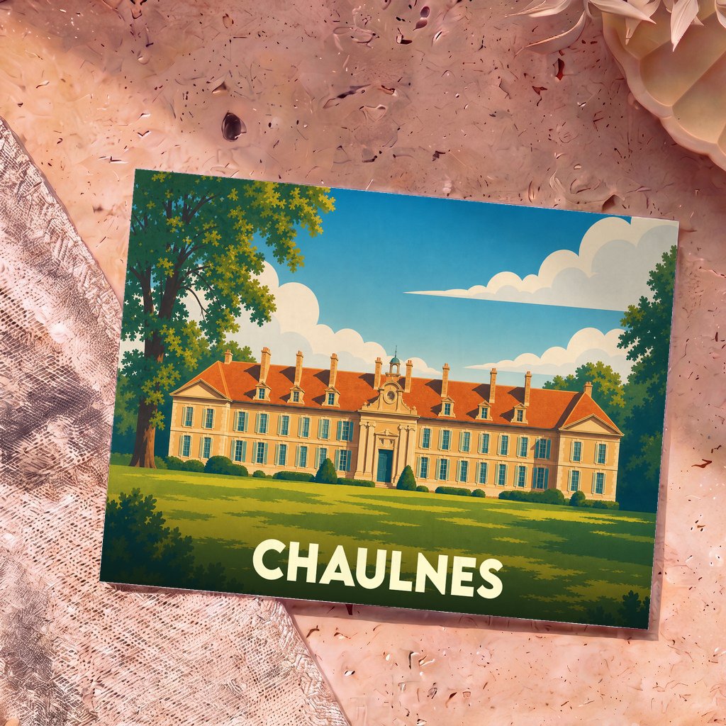 Carte postale souvenir de la ville de Chaulnes illustrant son château dans un style graphique épuré.
