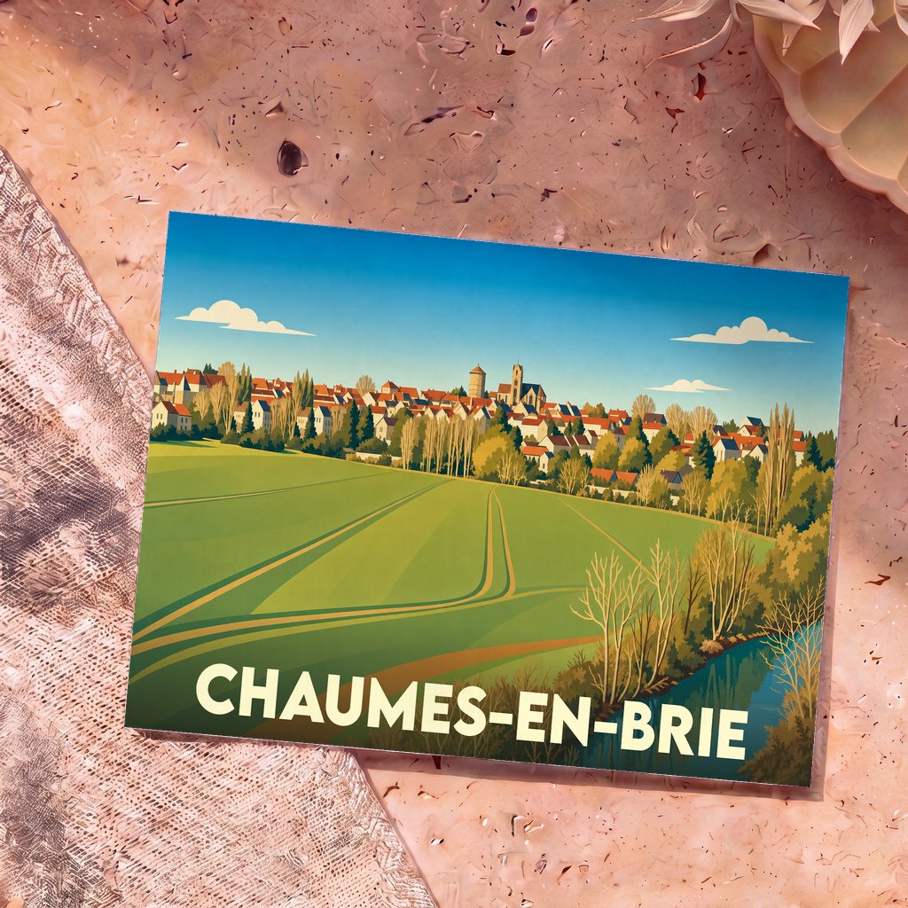 Carte postale souvenir de la ville de Chaumes-en-Brie avec une illustration stylisée d'un paysage rural.