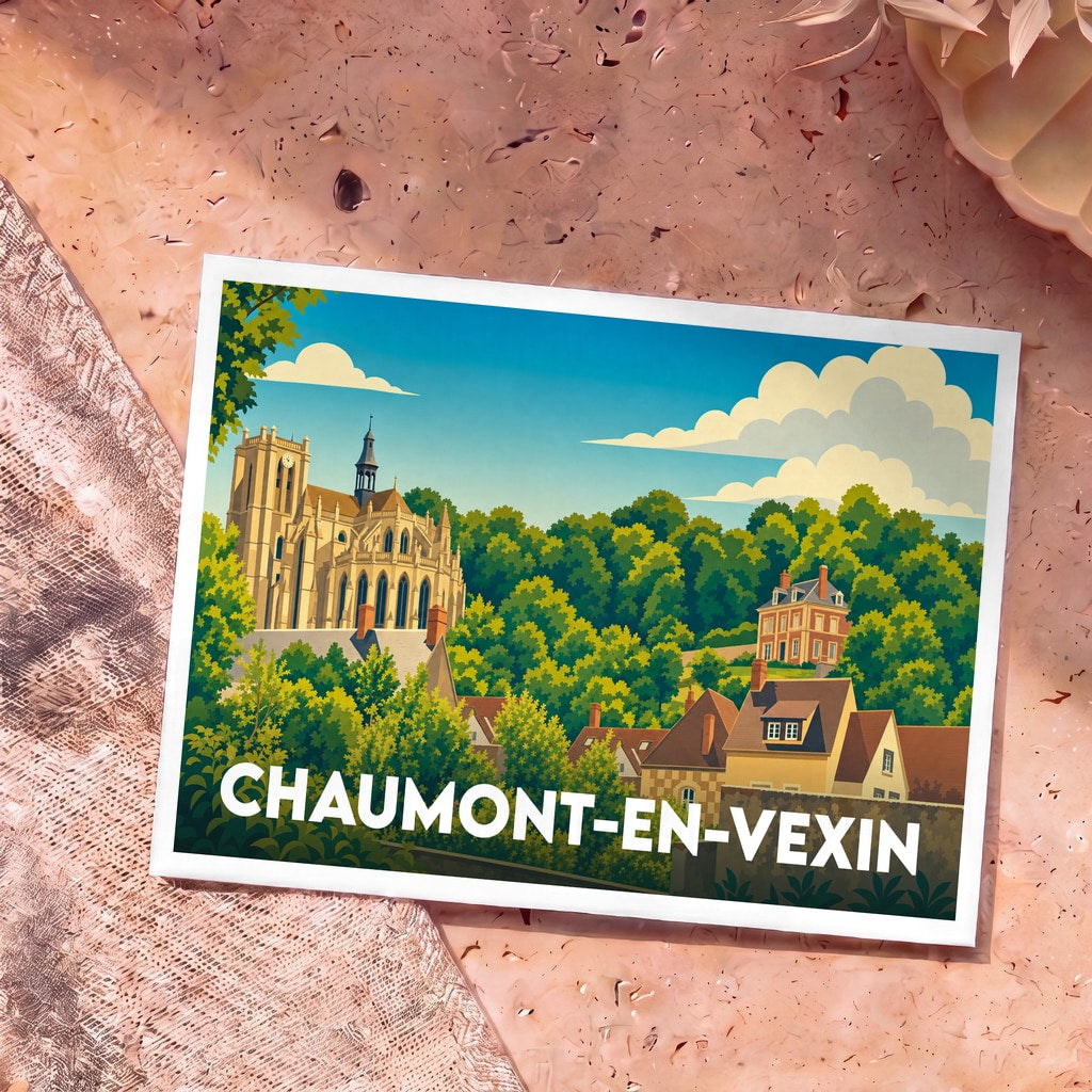 Carte postale souvenir de la ville de Chaumont-en-Vexin avec une illustration stylisée montrant l'église et les maisons locales.