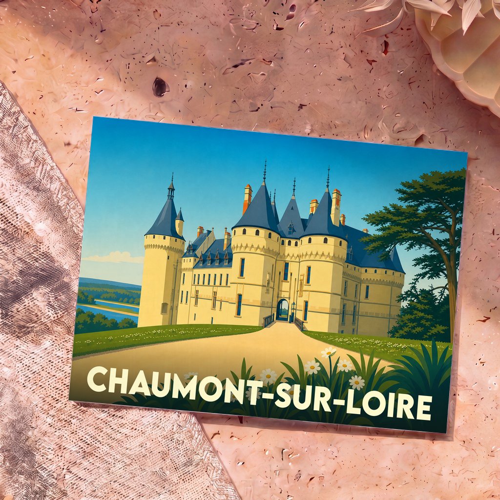 Carte postale souvenir de la ville de Chaumont-sur-Loire avec une illustration stylisée de son château.