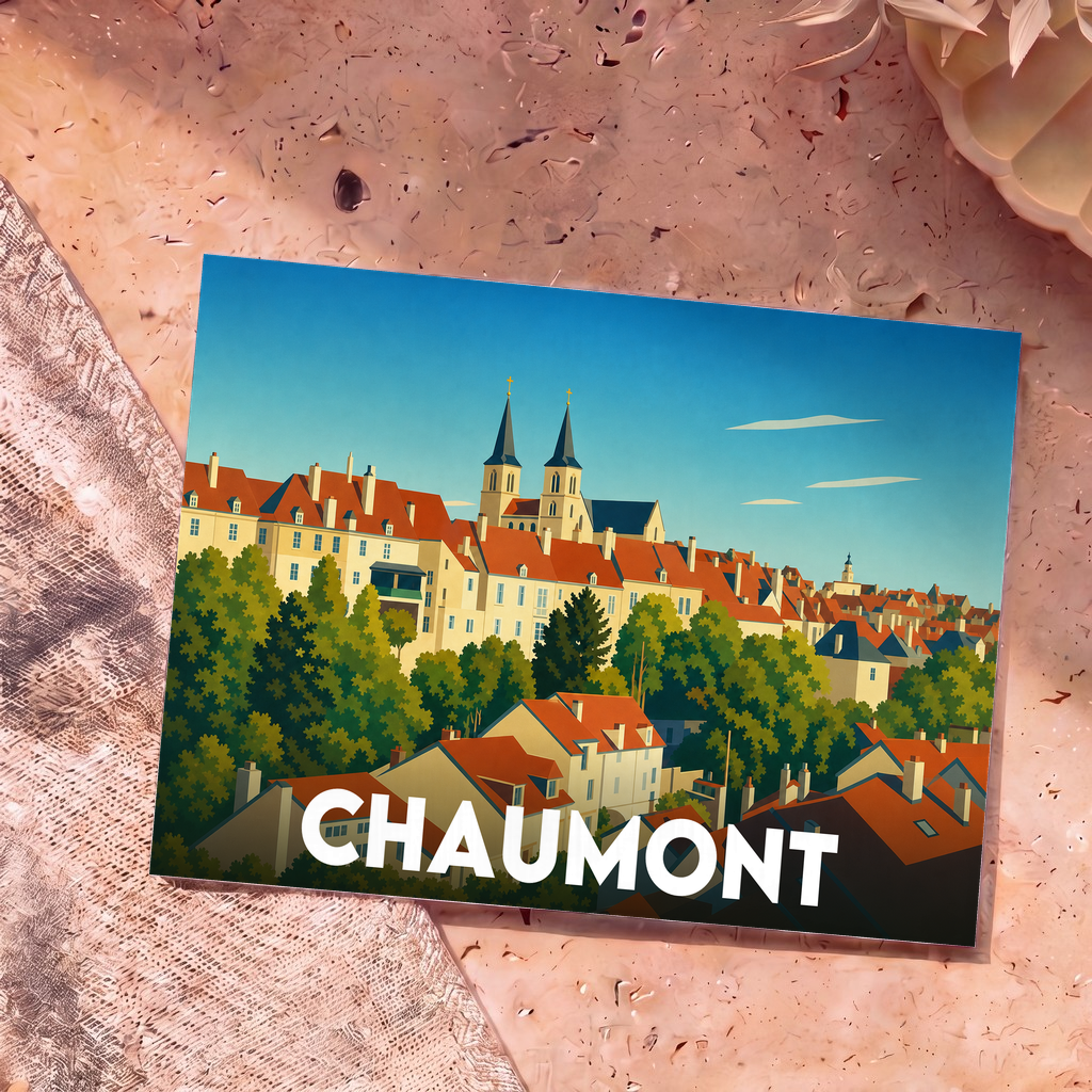 Carte postale souvenir de la ville de Chaumont illustrant son centre historique avec un style graphique épuré.