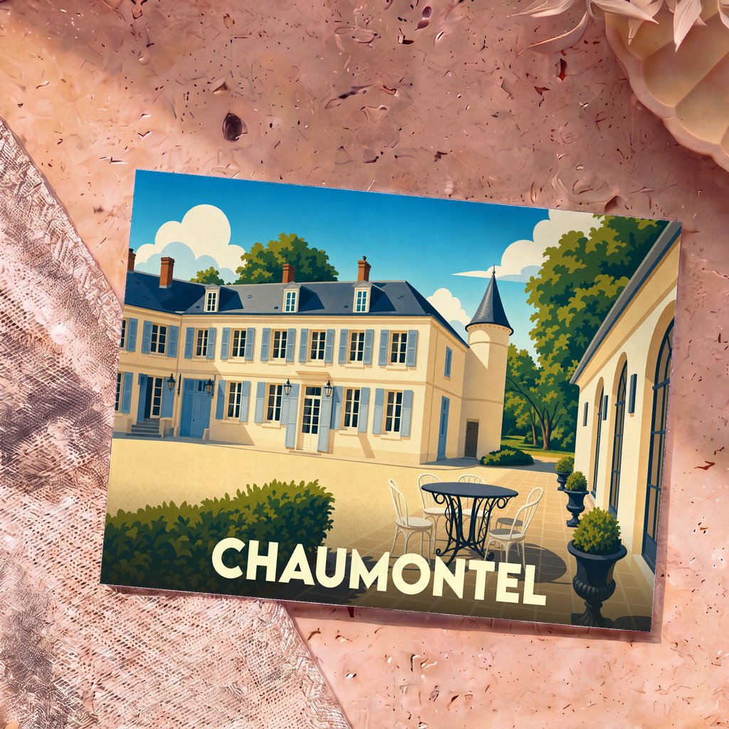 Carte postale souvenir de la ville de Chaumontel avec une illustration stylisée d'un manoir ensoleillé.