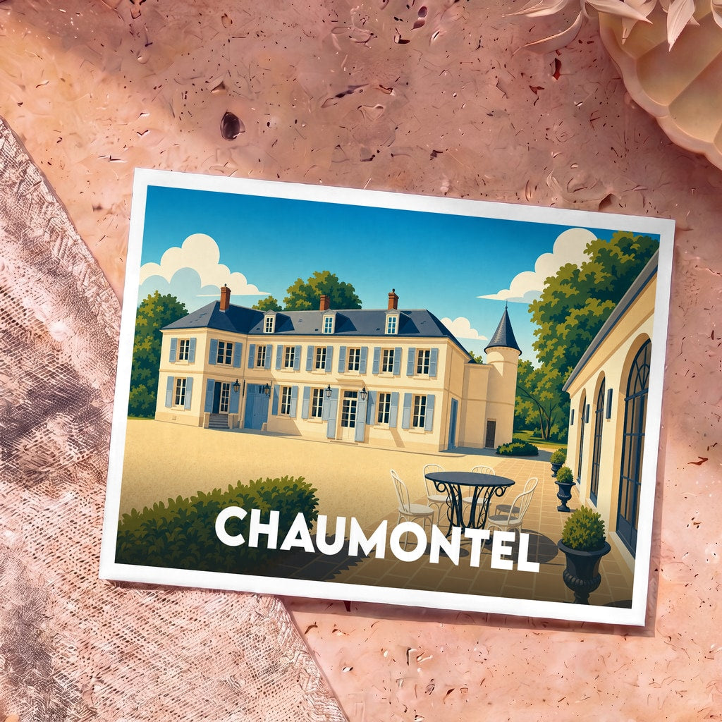 Carte postale souvenir de la ville de Chaumontel avec une illustration stylisée d'un manoir ensoleillé.