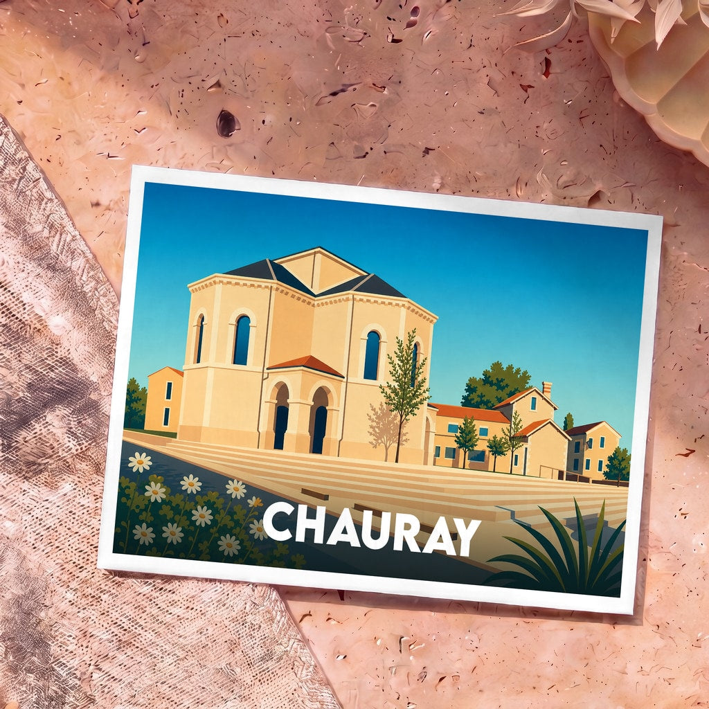 Carte postale souvenir de la ville de Chauray avec une illustration stylisée de son patrimoine architectural.