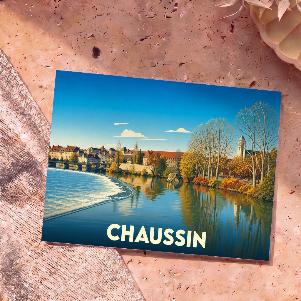 Carte postale souvenir de la ville de Chaussin avec une illustration stylisée d'un paysage fluvial automnal.