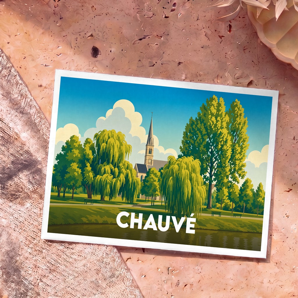 Carte postale souvenir de la ville de Chauvé avec une illustration stylisée d'une église et d'un parc.