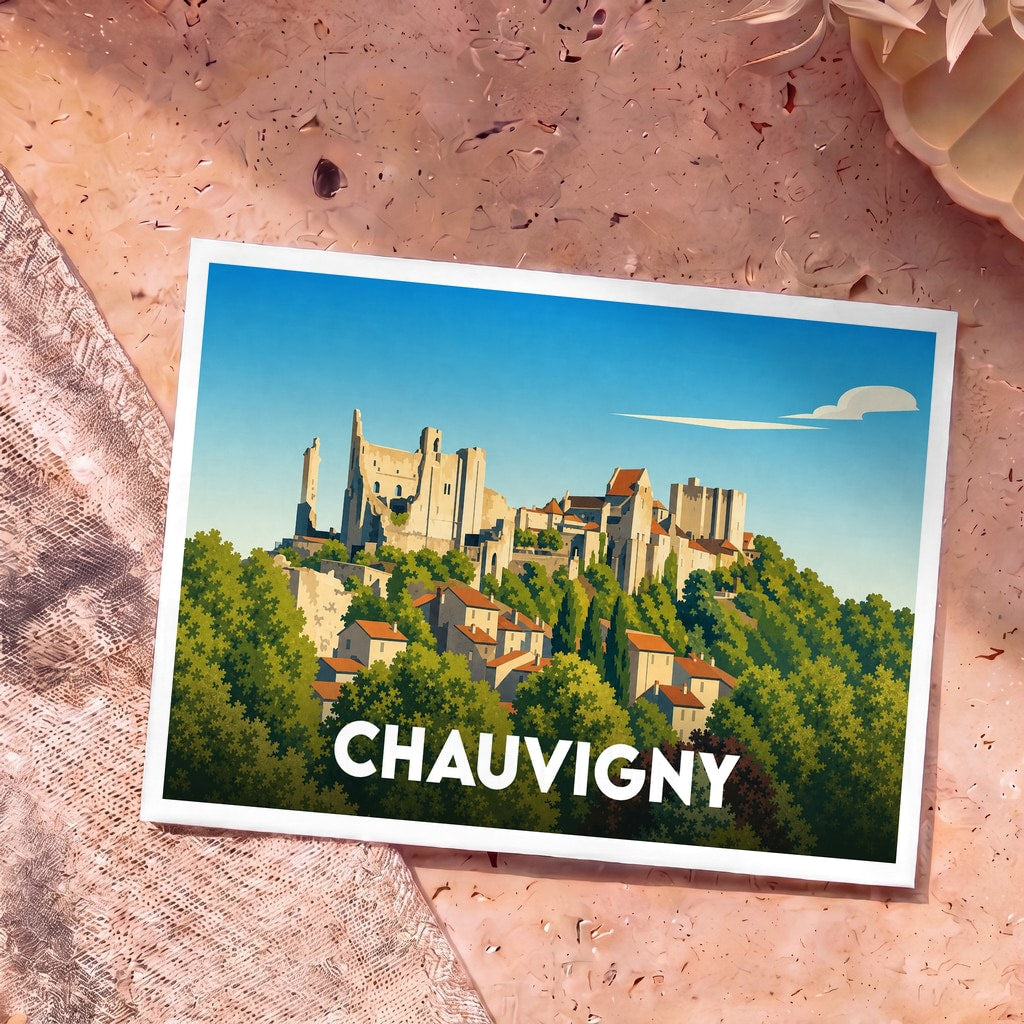 Carte postale souvenir de la ville de Chauvigny avec une illustration stylisée de sa cité médiévale et de ses châteaux.