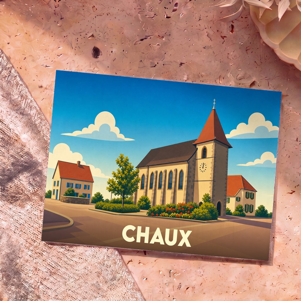Carte postale souvenir de la ville de Chaux illustrant une église et des maisons de village dans un style graphique épuré.