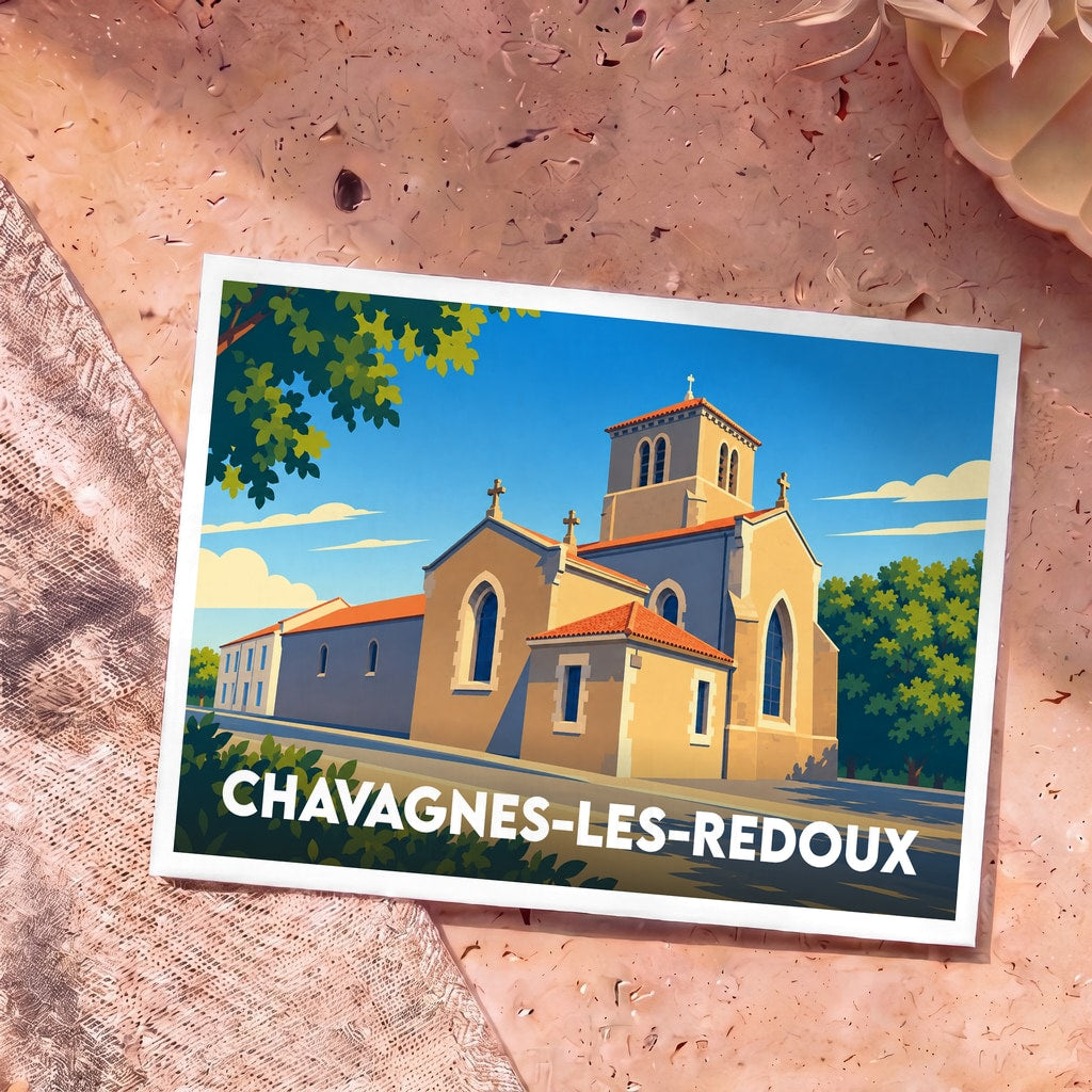 Carte postale souvenir de la ville de Chavagnes-les-Redoux avec une illustration stylisée de son église.