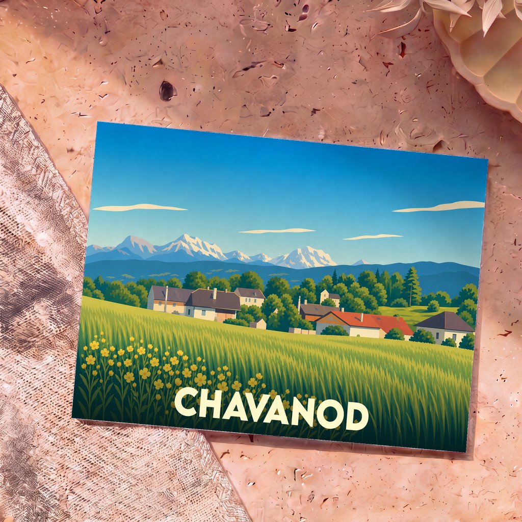 Carte postale souvenir de la ville de Chavanod avec une illustration stylisée de paysages alpins.