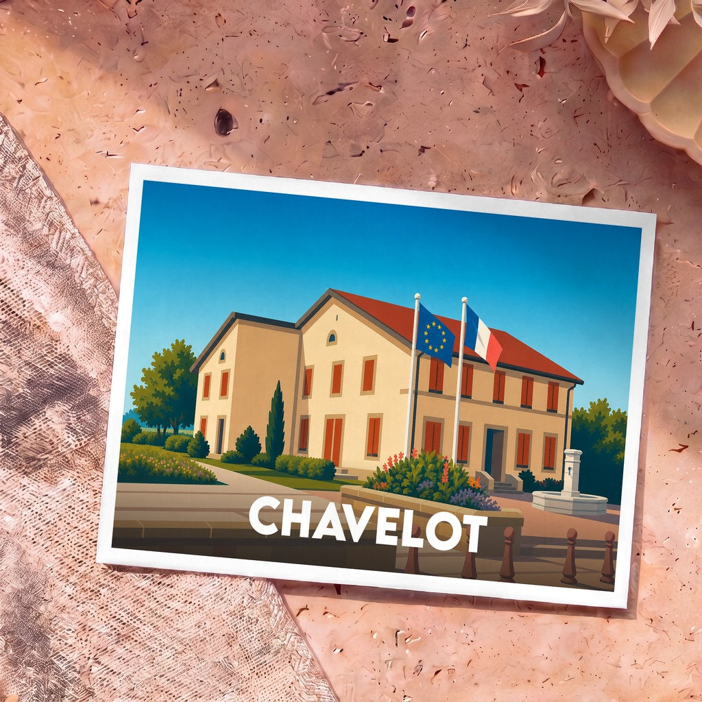 Carte postale souvenir de la ville de Chavelot avec une illustration stylisée de sa mairie.