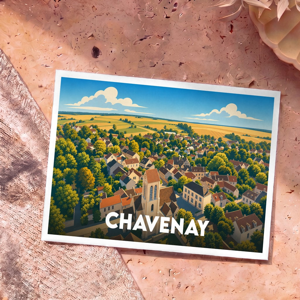 Carte postale souvenir de la ville de Chavenay avec une illustration panoramique stylisée.