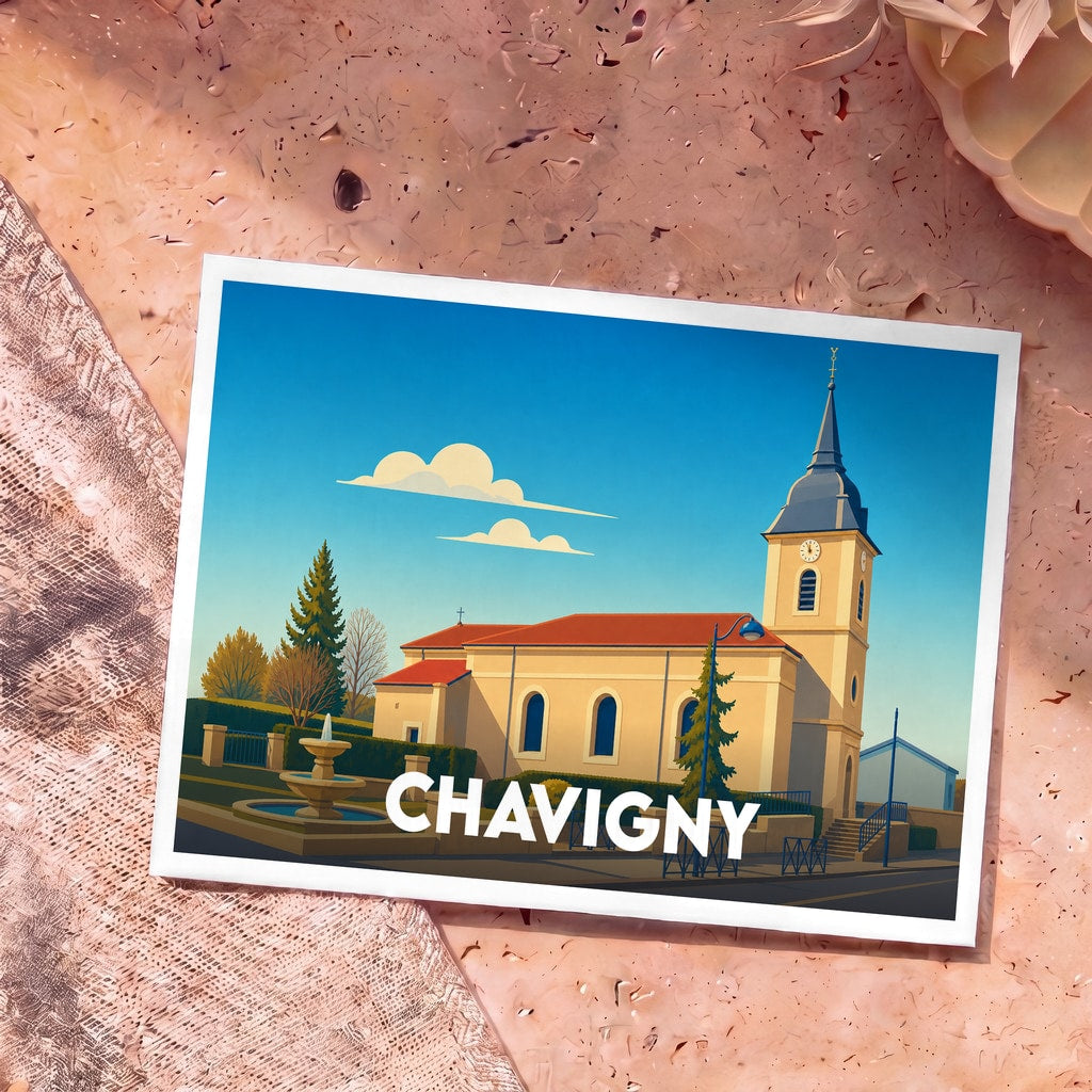 Carte postale souvenir de la ville de Chavigny arborant une illustration stylisée de son église et de sa fontaine.